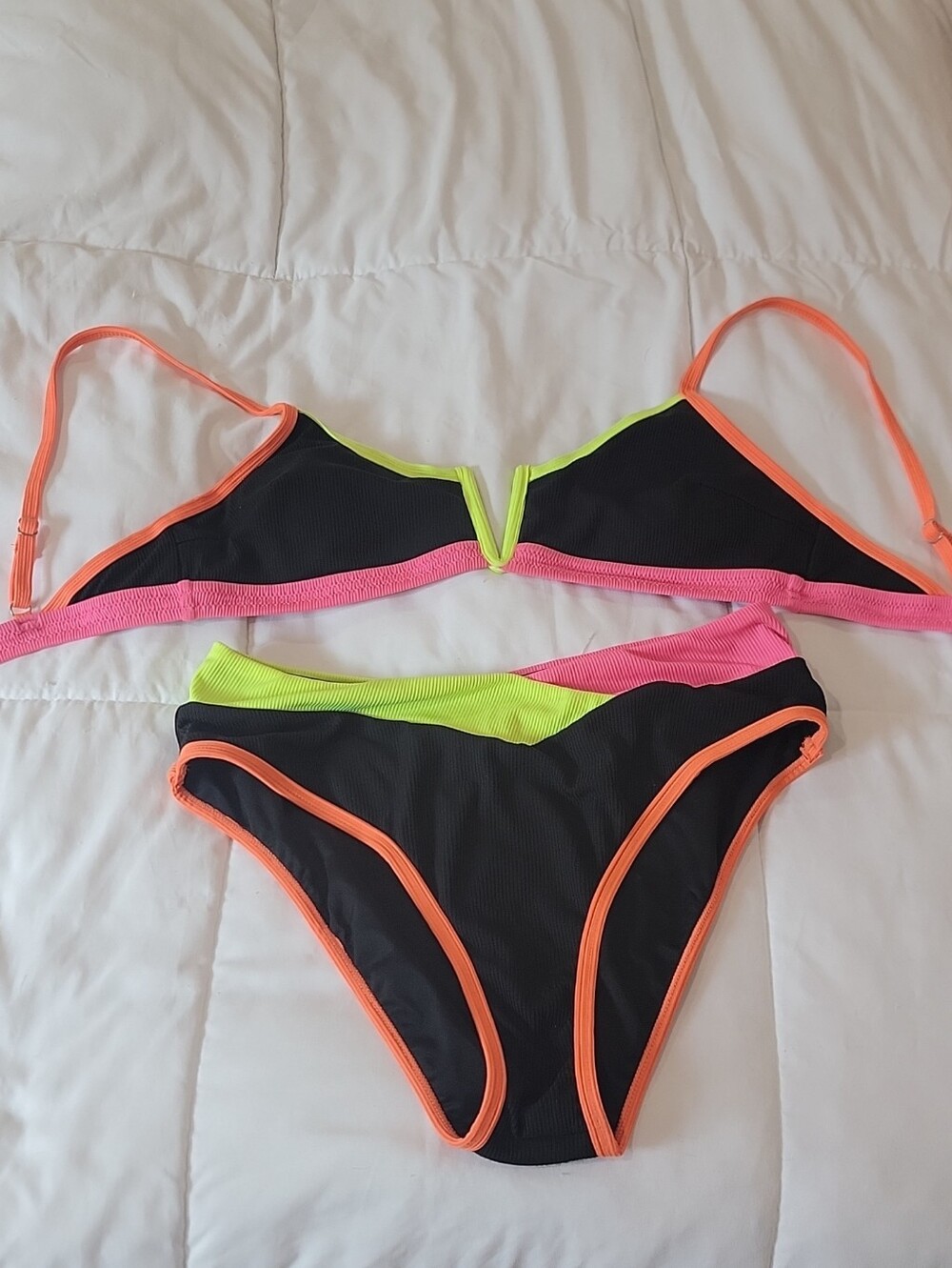 Black Bikini Set With Neon Pink, Neon Orange & Neon Yellow Trim